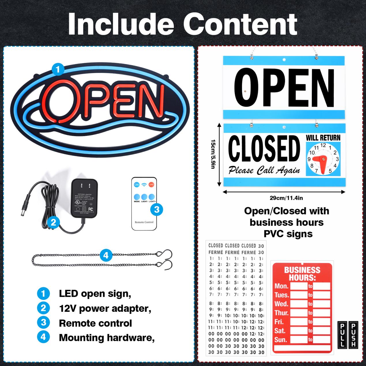 LED open sign kit with adapter, remote, mounting chain and business hours sign
